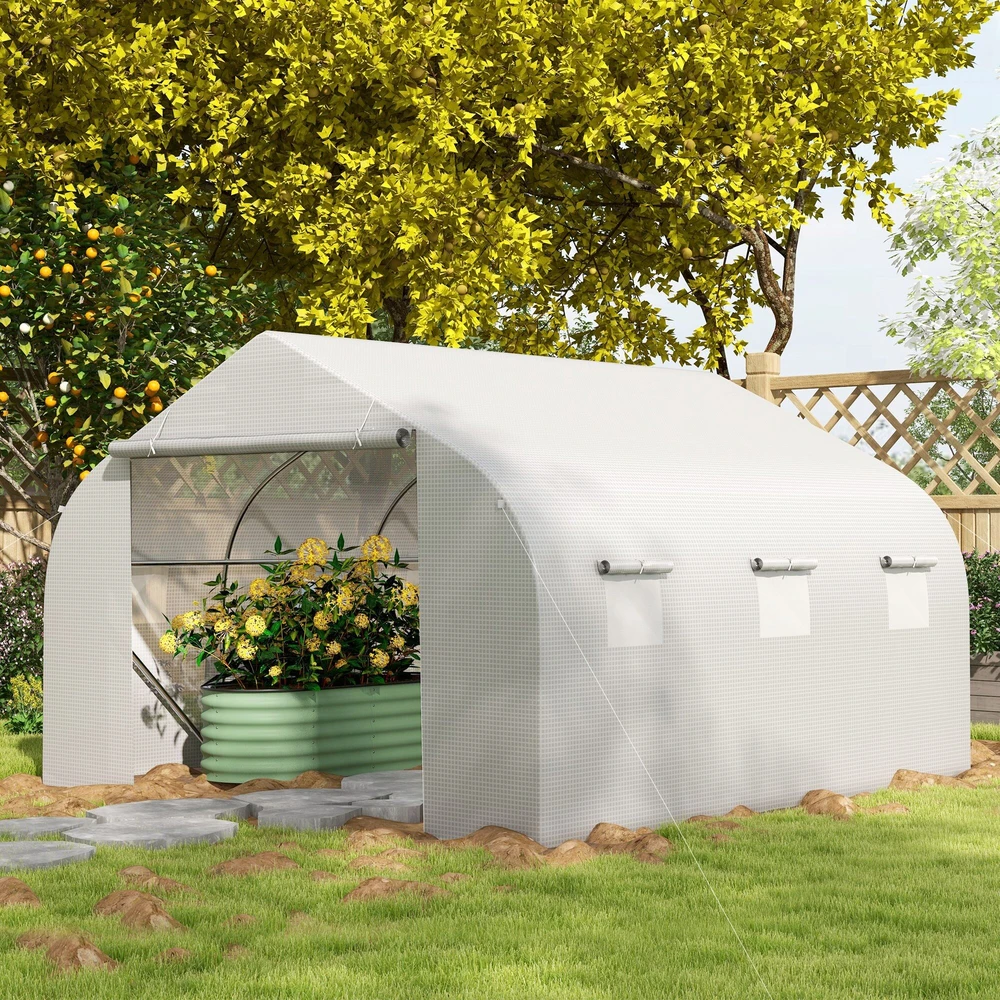 „Outsunny“ plėvelinis šiltnamis 3,5x3x3 m, apsauga nuo UV spindulių, pomidorų namelis, tinkliniai langai, atsparus vėjui, sodui ir balkonui, metalinis, baltas