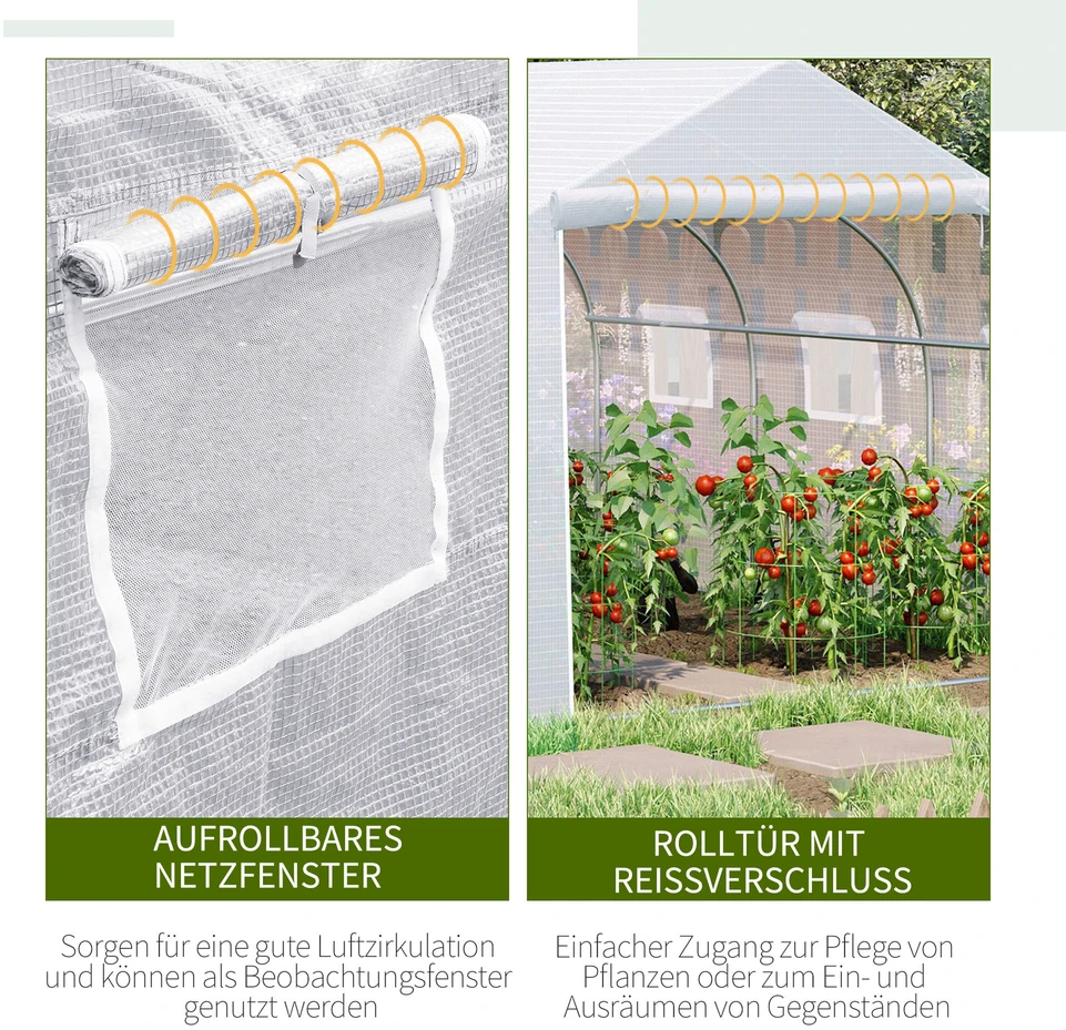 „Outsunny“ plėvelinis šiltnamis 3,5x3x3 m, apsauga nuo UV spindulių, pomidorų namelis, tinkliniai langai, atsparus vėjui, sodui ir balkonui, metalinis, baltas