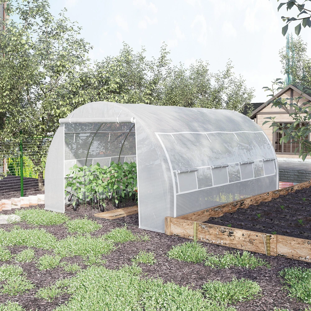 Outsunny plėvelinis šiltnamis su apsauga nuo UV spindulių, 3,97 x 3,02 x 2 m, pomidorų šiltnamis su šoninėmis durimis, vėjui atsparus tunelinis šiltnamis, plieno, baltas