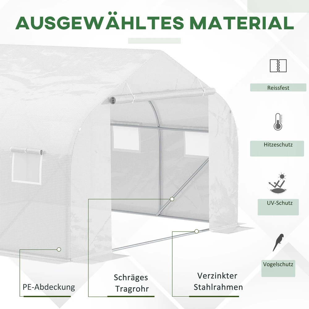Outsunny plėvelinis šiltnamis 4,45x2,99x2,05m, apsauga nuo UV spindulių, pomidorų šiltnamis, tinklelio langai, atsparus vėjui, metalinis, baltas