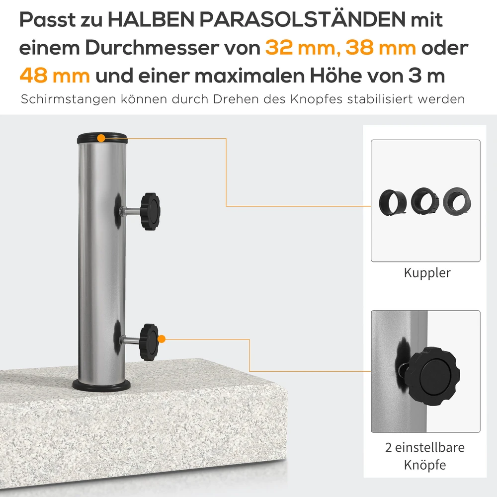 Outsunny skėčio stovas 25 kg, stovas pusapvaliam skėčiui su Ø32/38/48 mm kotu, granito pagrindas, pilkas