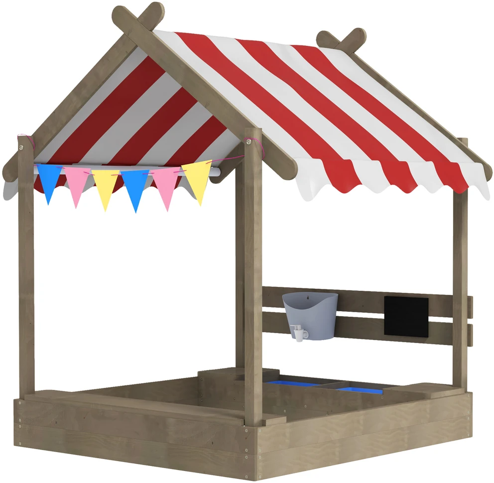 Outsunny smėlio dėžė su stogu, medinė smėlio dėžė su sėdimąja dalimi, žaidimų namelis, 124 x 116 x 146 cm smėlio dėžė su lenta 3-7 metų vaikams, sodui, pilka