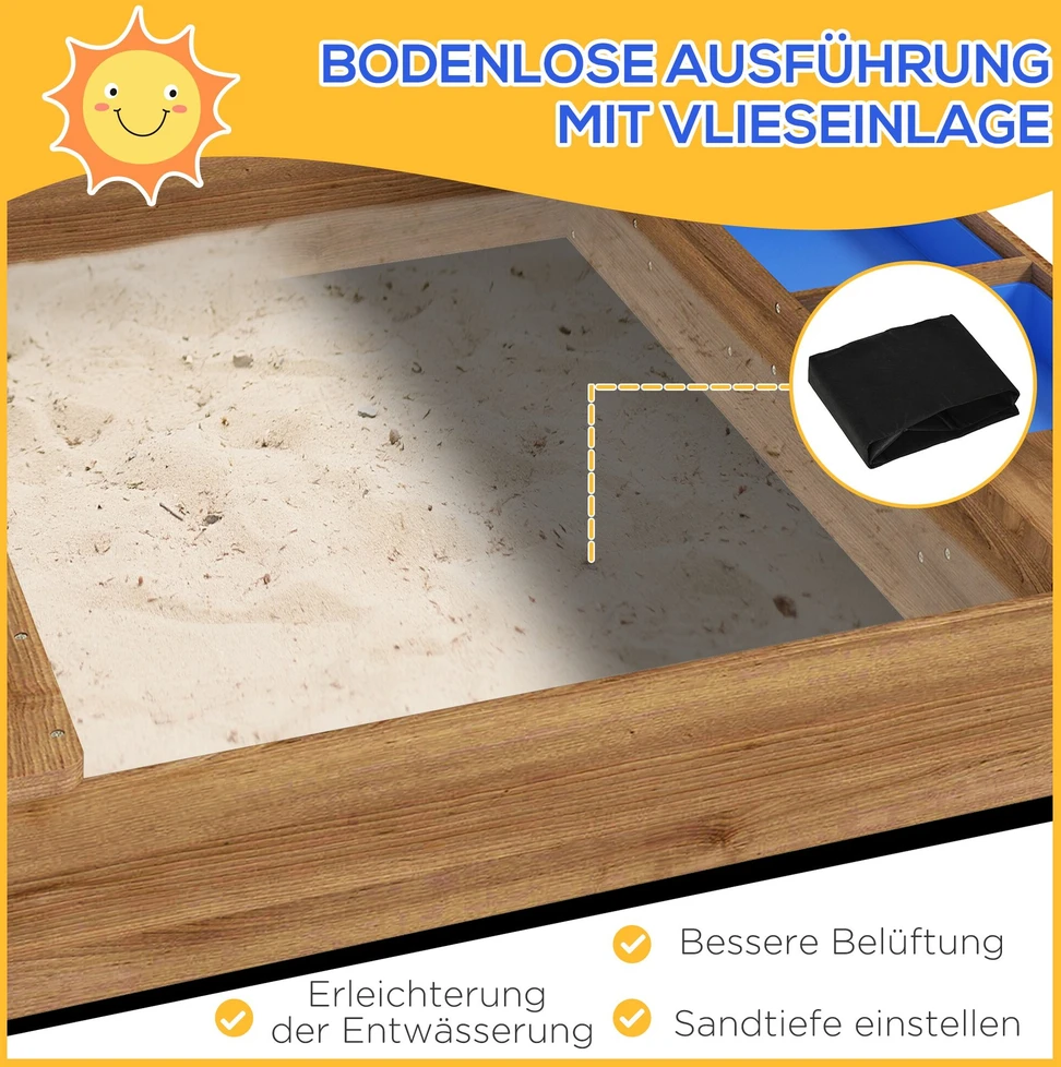 Outsunny smėlio dėžė su stogeliu, medinė smėlio dėžė su sėdyne, žaidimų namelis, 124 x 116 x 146 cm, smėlio dėžė su lenta 3-7 metų vaikams, sodui, ruda