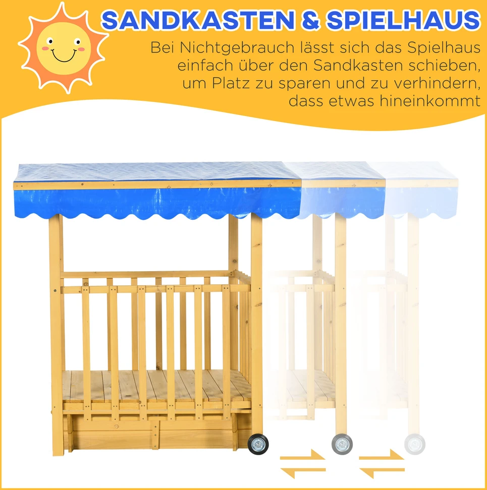 Outsunny smėlio dėžė su stogu, medinė smėlio dėžė su žaidimų nameliu, ratukais, 3-8 metų vaikams, 133x129x137,5 cm, sodui, natūrali