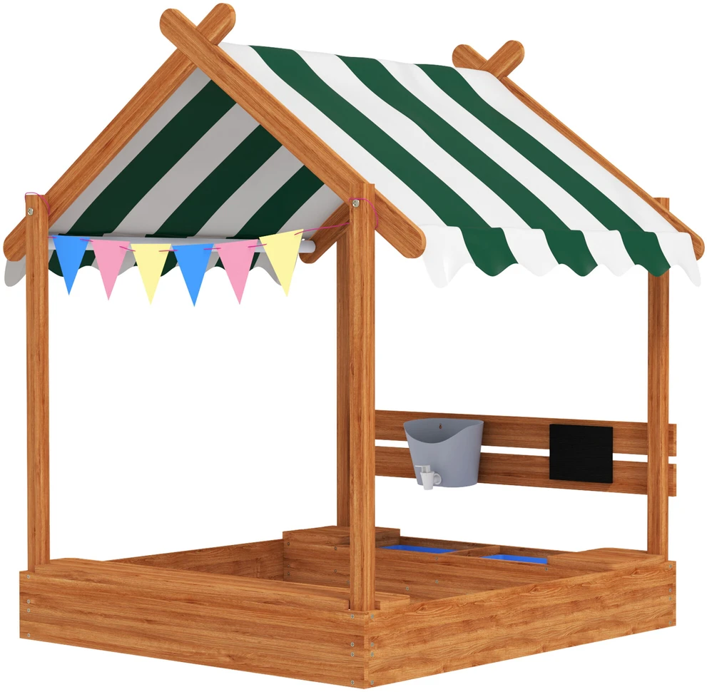 Outsunny smėlio dėžė su stogu, medinė smėlio dėžė su sėdimąja vieta, žaidimų namelis, 124 x 116 x 146 cm, smėlio dėžė su lenta 3-7 metų vaikams, sodui, oranžinė
