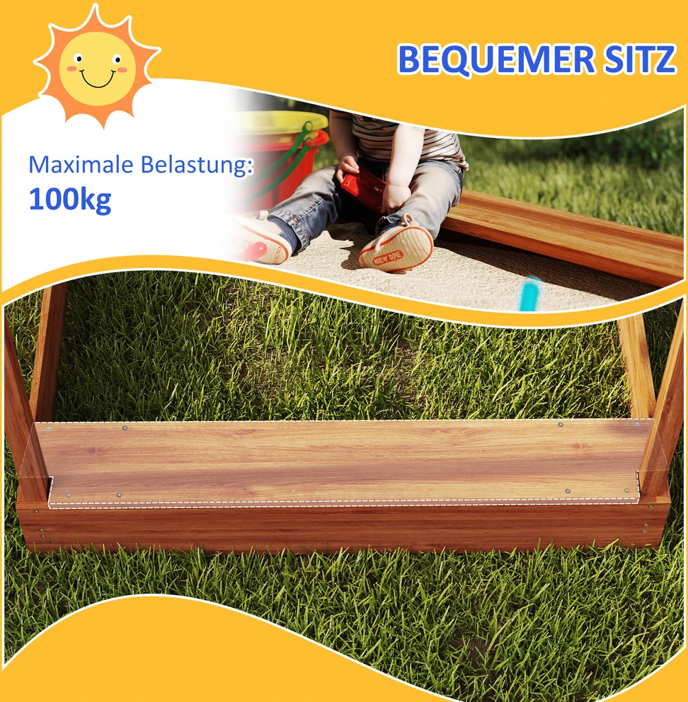 Outsunny smėlio dėžė su stogu, medinė smėlio dėžė su sėdimąja vieta, žaidimų namelis, 124 x 116 x 146 cm, smėlio dėžė su lenta 3-7 metų vaikams, sodui, oranžinė
