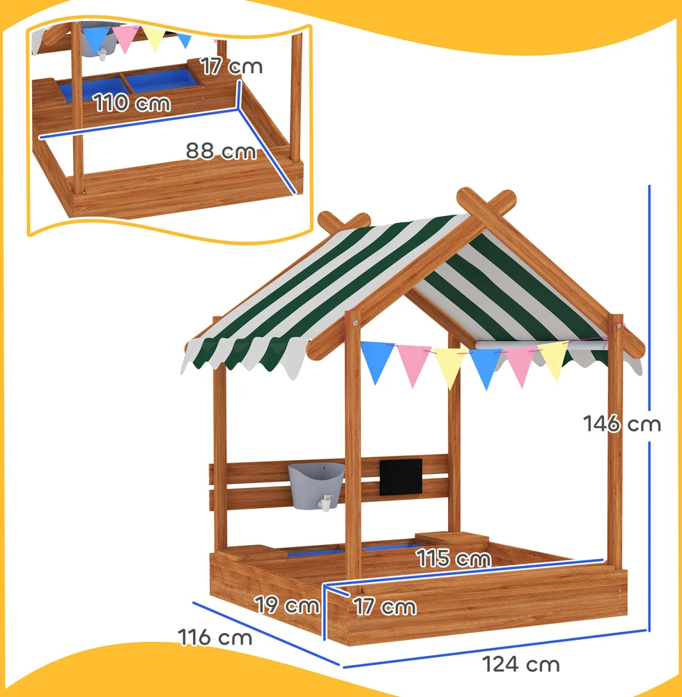 Outsunny smėlio dėžė su stogu, medinė smėlio dėžė su sėdimąja vieta, žaidimų namelis, 124 x 116 x 146 cm, smėlio dėžė su lenta 3-7 metų vaikams, sodui, oranžinė