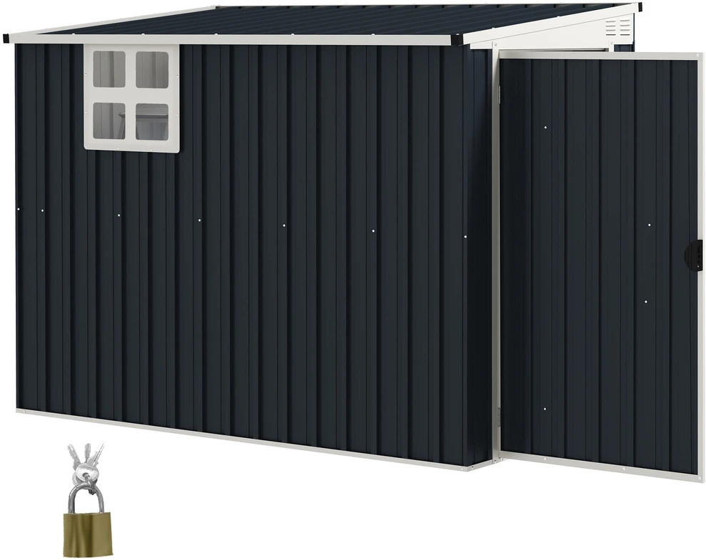 „Outsunny“ metalinis sodo namelis 2,7m² 128x231x181cm su šlaitiniu stogu, langu, rakinamomis durimis, atsparus oro sąlygoms, tamsiai pilkas