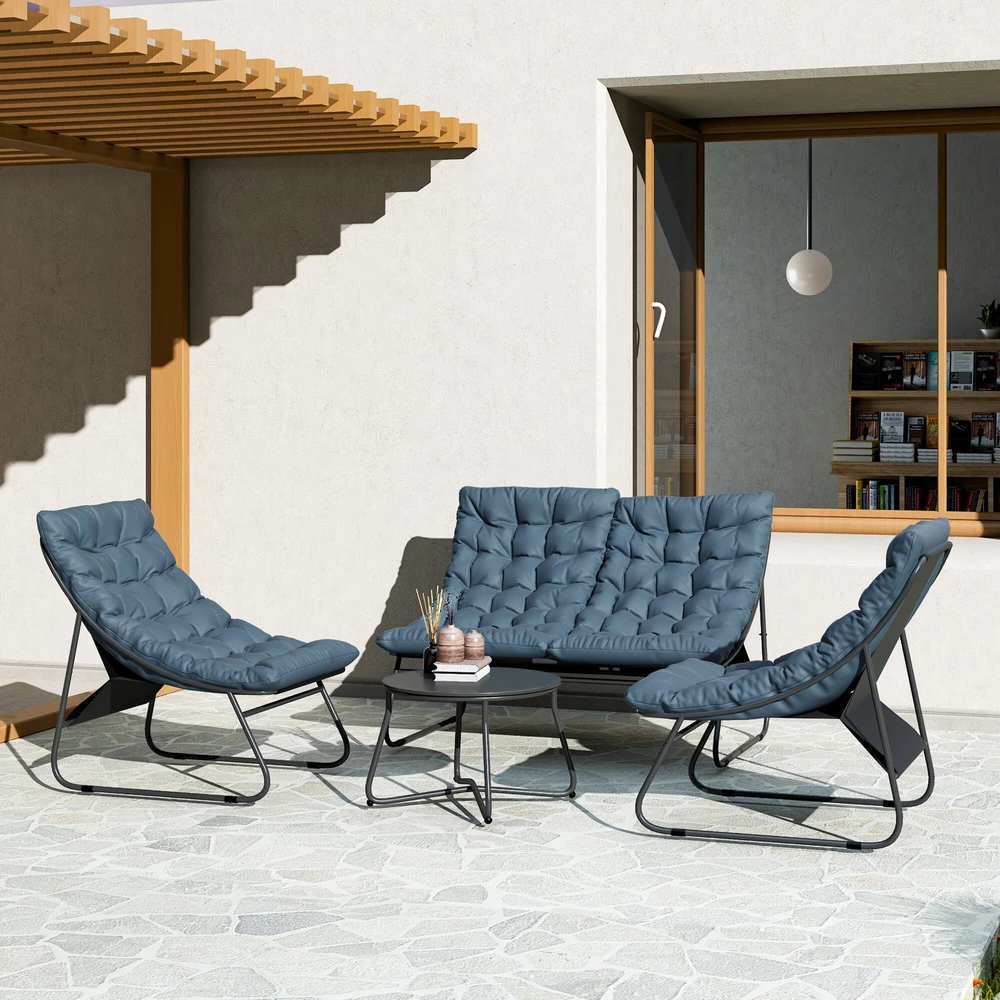 Outsunny plieno sodo baldų komplektas 4 asmenims, atsparus oro sąlygoms, balkonų baldų rinkinys su 2 vietų sofa, foteliu, šoniniu staliuku ir sėdynių pagalvėlėmis, lauko baldų komplektas, terasos baldai pilkos spalvos