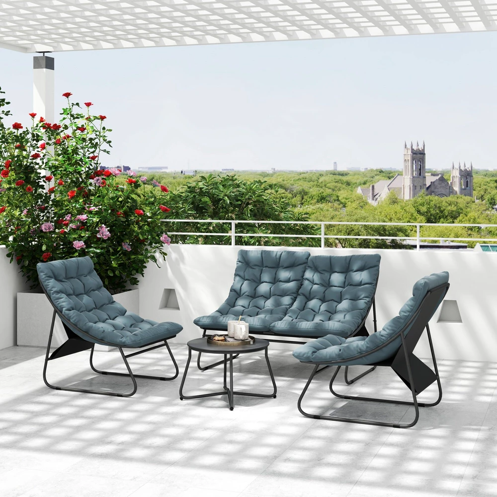 Outsunny plieno sodo baldų komplektas 4 asmenims, atsparus oro sąlygoms, balkonų baldų rinkinys su 2 vietų sofa, foteliu, šoniniu staliuku ir sėdynių pagalvėlėmis, lauko baldų komplektas, terasos baldai pilkos spalvos