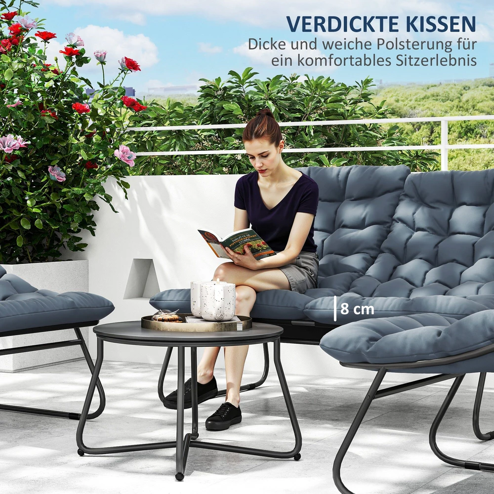 Outsunny plieno sodo baldų komplektas 4 asmenims, atsparus oro sąlygoms, balkonų baldų rinkinys su 2 vietų sofa, foteliu, šoniniu staliuku ir sėdynių pagalvėlėmis, lauko baldų komplektas, terasos baldai pilkos spalvos