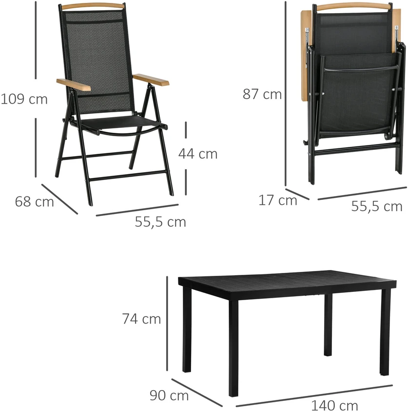 Lauko baldų komplektas Outsunny sulankstomas 6 vietų sodo baldų komplektas, 1 stalas + 6 kėdės, aliuminis, tinklelis, juodas