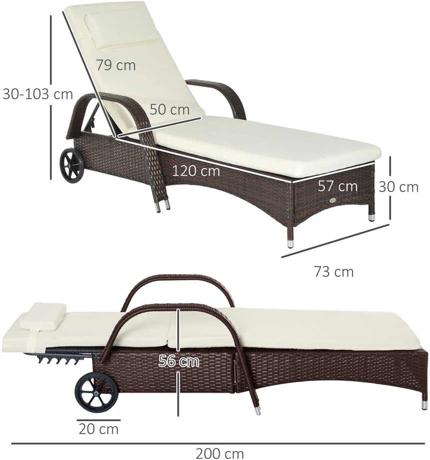 Outsunny sodo gultas, rotango gultas, mobilus su pagalve ir ratukais, polirotango ir metalo, kavos rudos spalvos, 200 x 73 x 30–103 cm