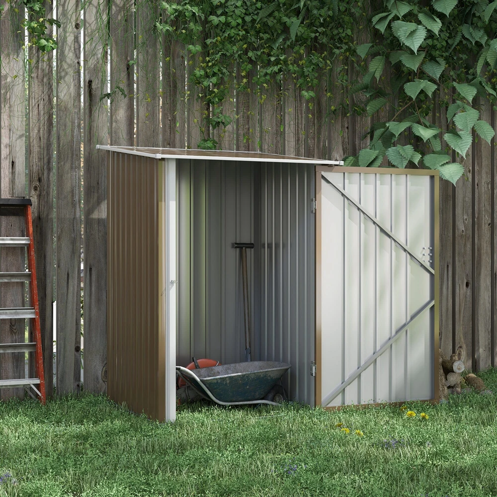 Outsunny plieno sodo namelis, 0,92 m² įrankių namelis su vienšlaičiu stogu, rakinama sodo spintelė, įrankių pašiūrė, 100 x 103 x 160 cm, rudas