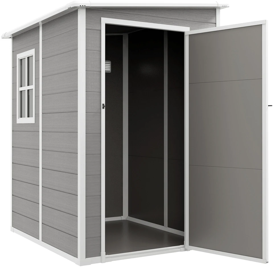 Outsunny sodo namelis, 1,54 m³, su vienšlaičiu stogu, 122 x 149 x 192/177 cm, rakinamas sandėliukas su langais, dviračių garažas, aliumininė sodo spinta, skirta kiemui, sodui, pilkos spalvos