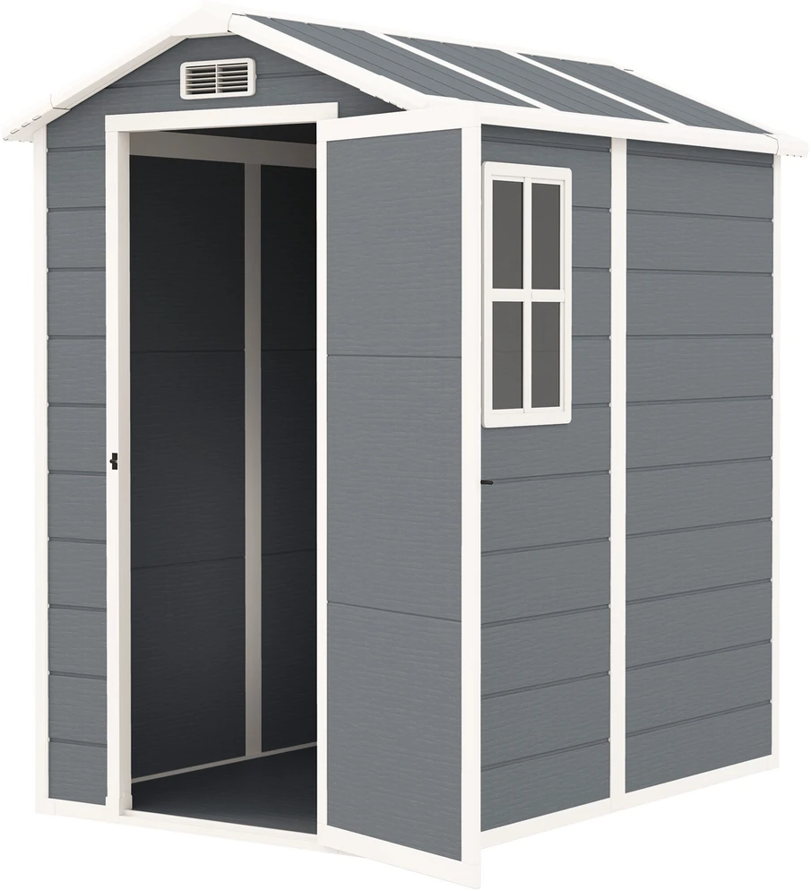 Outsunny sodo namelis 2,1m², vandeniui atsparus namelis su grindimis ir šlaitiniu stogu, 131x186x198/172 cm, rakinamas įrankių namelis su langu, aliumininė garažo tipo saugykla dviračiams, pilka