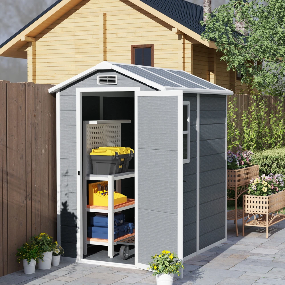 Outsunny sodo namelis 2,1m², vandeniui atsparus namelis su grindimis ir šlaitiniu stogu, 131x186x198/172 cm, rakinamas įrankių namelis su langu, aliumininė garažo tipo saugykla dviračiams, pilka
