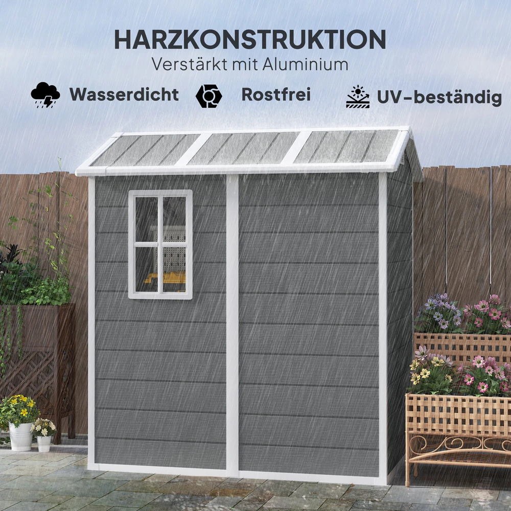Outsunny sodo namelis 2,1m², vandeniui atsparus namelis su grindimis ir šlaitiniu stogu, 131x186x198/172 cm, rakinamas įrankių namelis su langu, aliumininė garažo tipo saugykla dviračiams, pilka