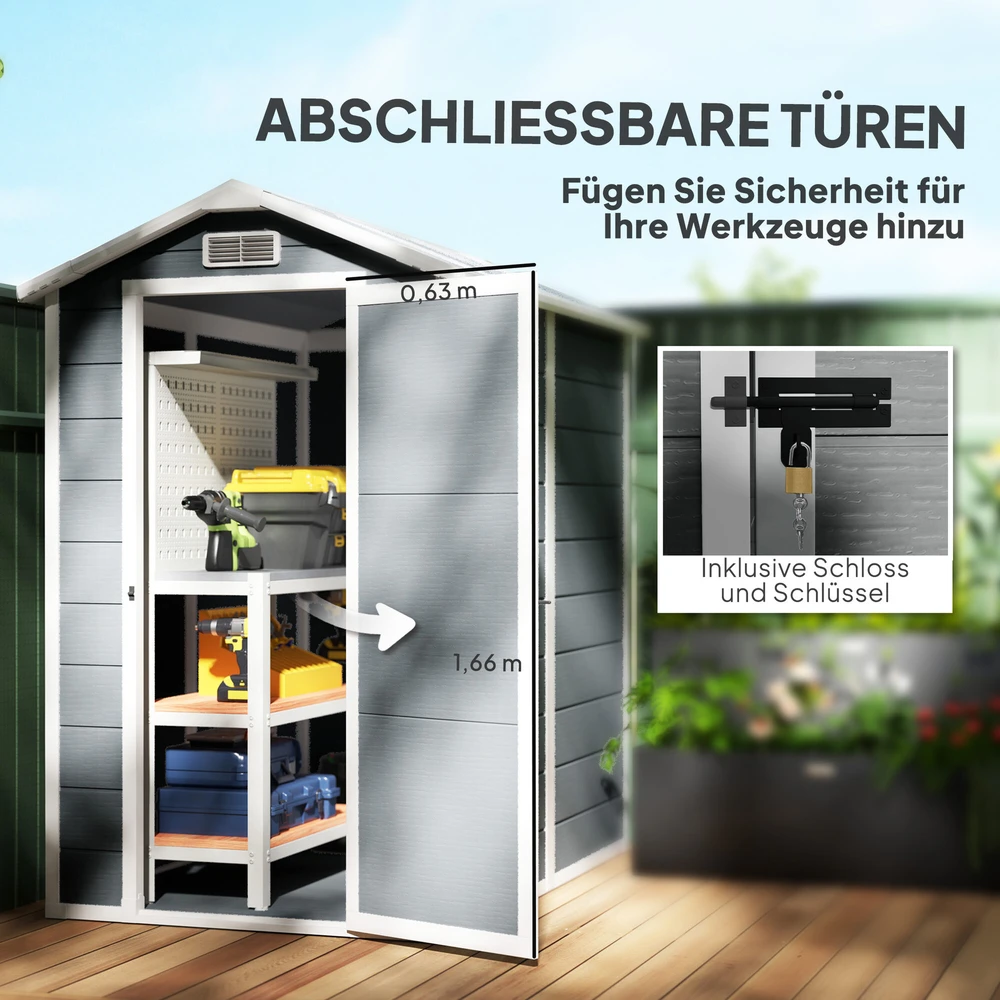 Outsunny sodo namelis 2,1m², vandeniui atsparus namelis su grindimis ir šlaitiniu stogu, 131x186x198/172 cm, rakinamas įrankių namelis su langu, aliumininė garažo tipo saugykla dviračiams, pilka