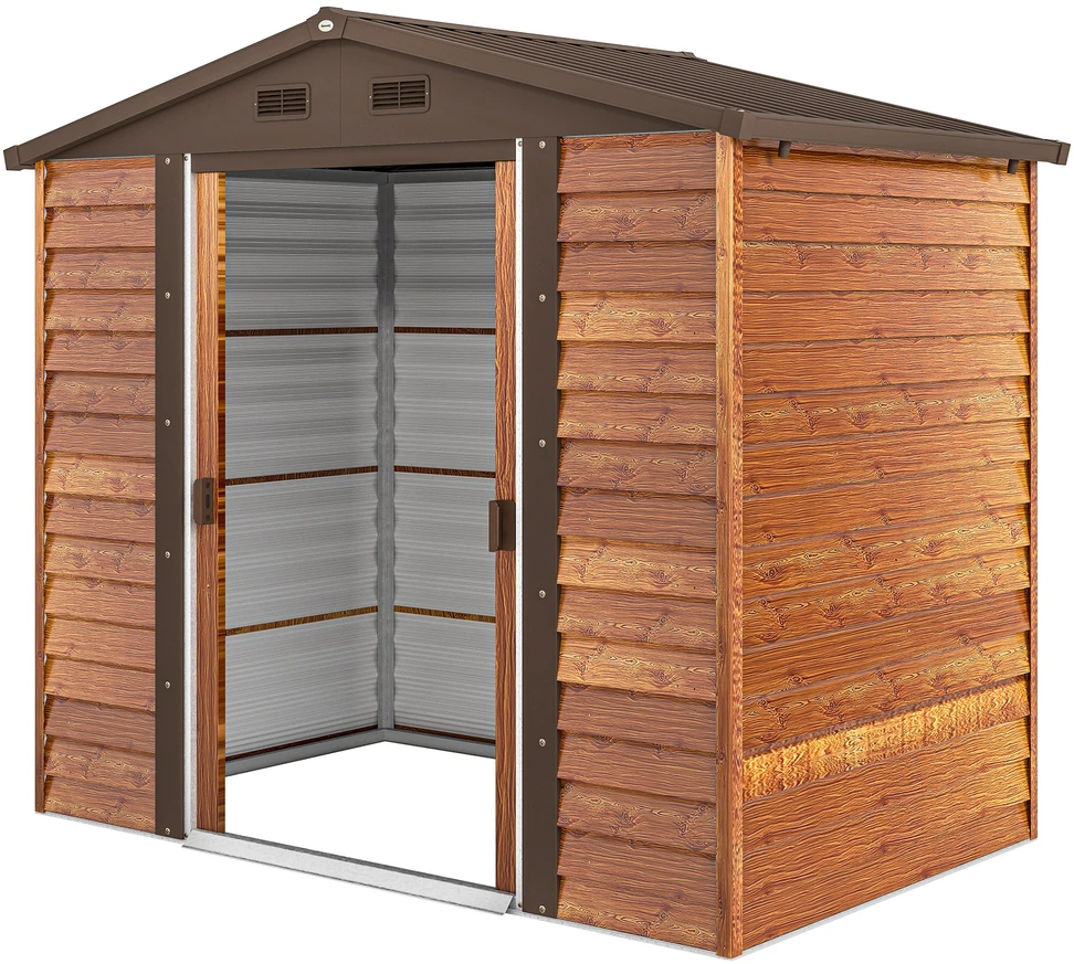 Outsunny metalinis sodo namelis, medžio imitacija, 3 m², 152 x 235,7 x 208,7 cm, įrankių pašiūrė su dvišlaičiu stogu, langu ir dvigubomis stumdomomis durimis, atsparus oro sąlygoms, lauko sandėliukas kiemui, rudas