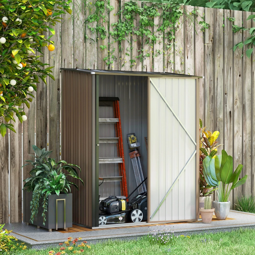 Outsunny sodo namelis su vienšlaičiu stogu 1,34 m², metalinis sodo namelis, įrankių pašiūrė, cinkuotas plienas, rudas, 161,5 x 94,5 x 196 cm