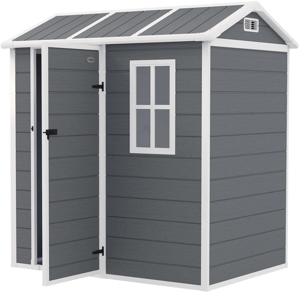 Outsunny plastikinis sodo namelis 2,1m² 186 x 130 x 199 cm, su dvišlaičiu stogu, grindimis, langu ir rakinamomis durimis, atsparus oro sąlygoms, pilkas