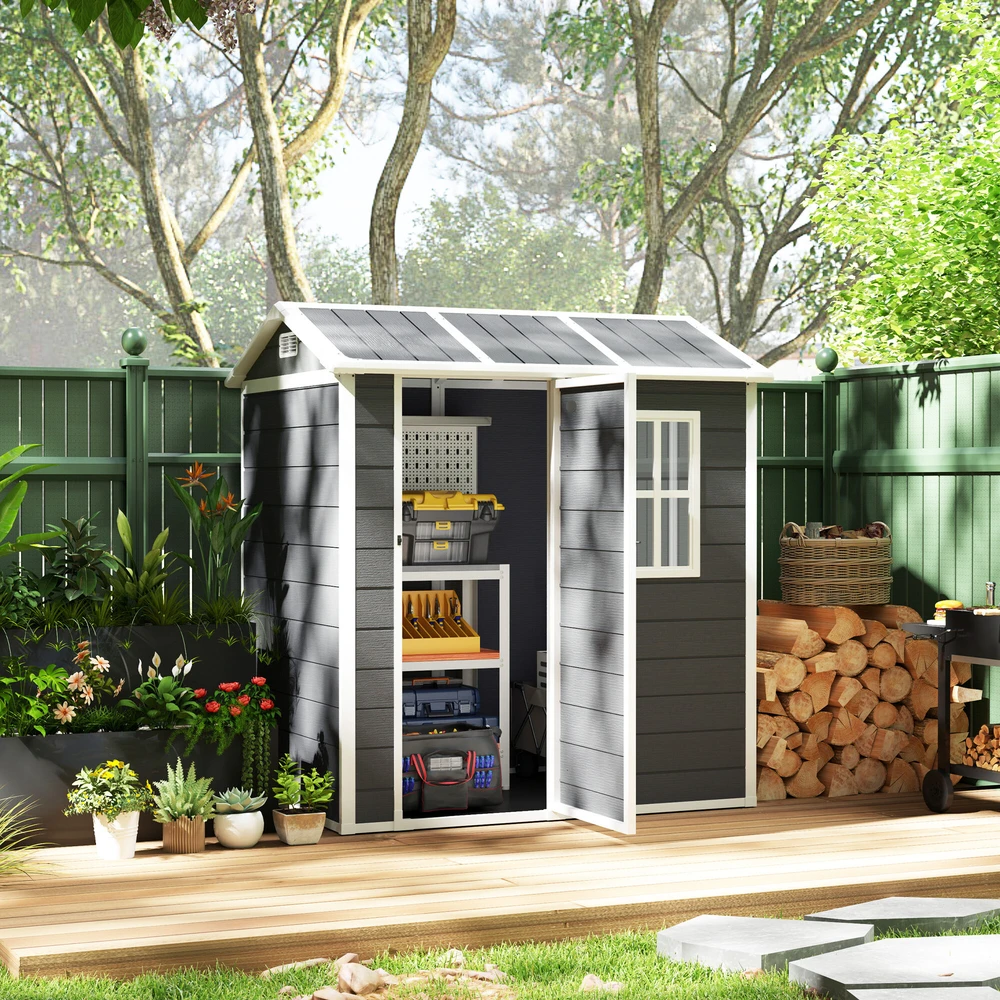 Outsunny plastikinis sodo namelis 2,1m² 186 x 130 x 199 cm, su dvišlaičiu stogu, grindimis, langu ir rakinamomis durimis, atsparus oro sąlygoms, pilkas