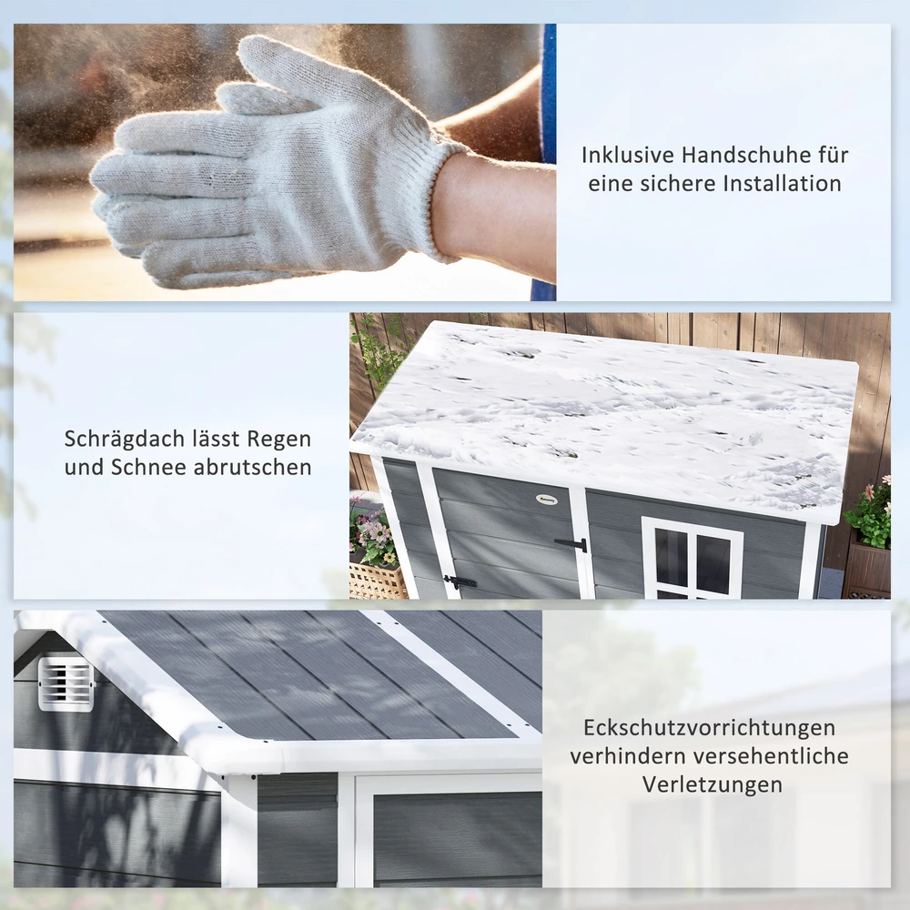 Outsunny plastikinis sodo namelis 2,1m² 186 x 130 x 199 cm, su dvišlaičiu stogu, grindimis, langu ir rakinamomis durimis, atsparus oro sąlygoms, pilkas