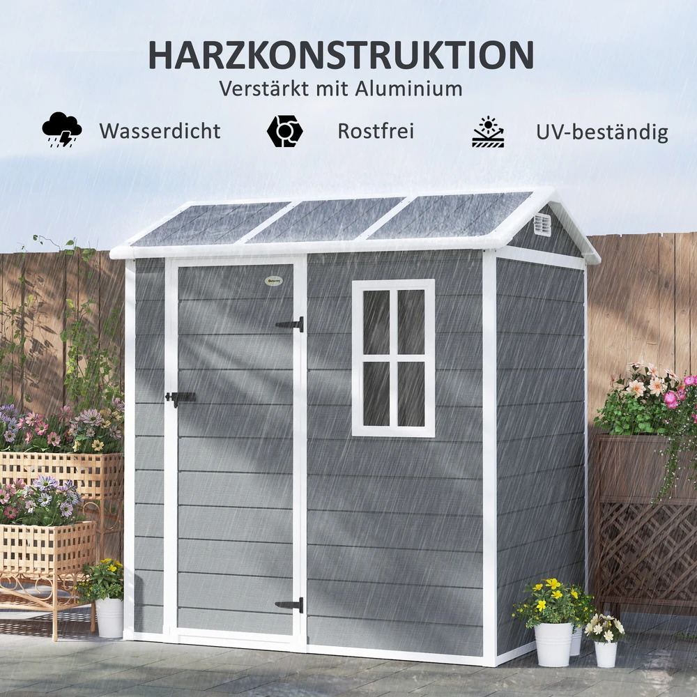 Outsunny plastikinis sodo namelis 2,1m² 186 x 130 x 199 cm, su dvišlaičiu stogu, grindimis, langu ir rakinamomis durimis, atsparus oro sąlygoms, pilkas