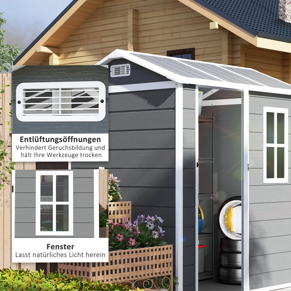 Outsunny plastikinis sodo namelis 2,1m² 186 x 130 x 199 cm, su dvišlaičiu stogu, grindimis, langu ir rakinamomis durimis, atsparus oro sąlygoms, pilkas