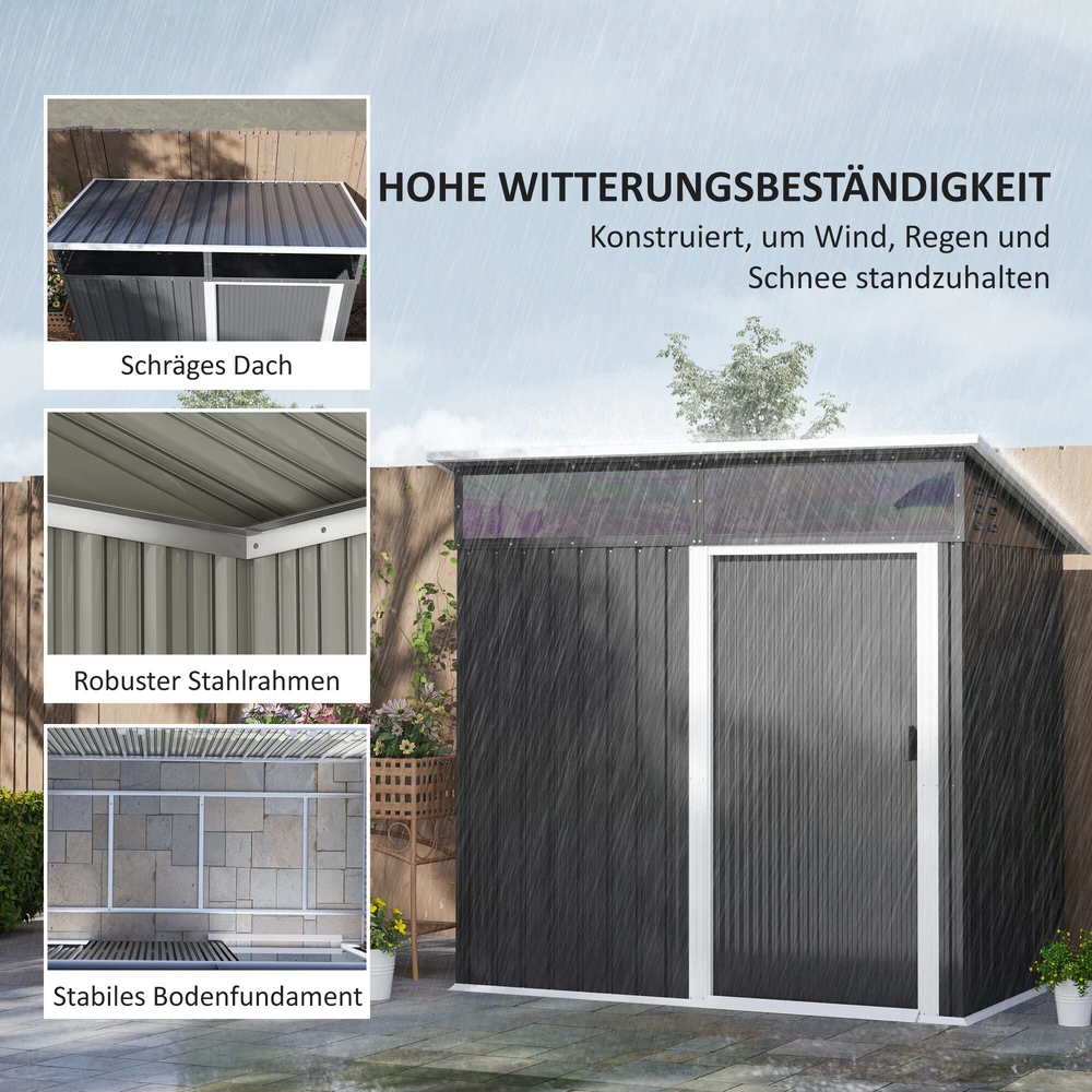 Outsunny metalinis sodo namelis 1,9m² 195x122x182cm, įrankių pašiūrė su pamatu, šlaitinis stogas, langai, stumdomos durys, tamsiai pilkas