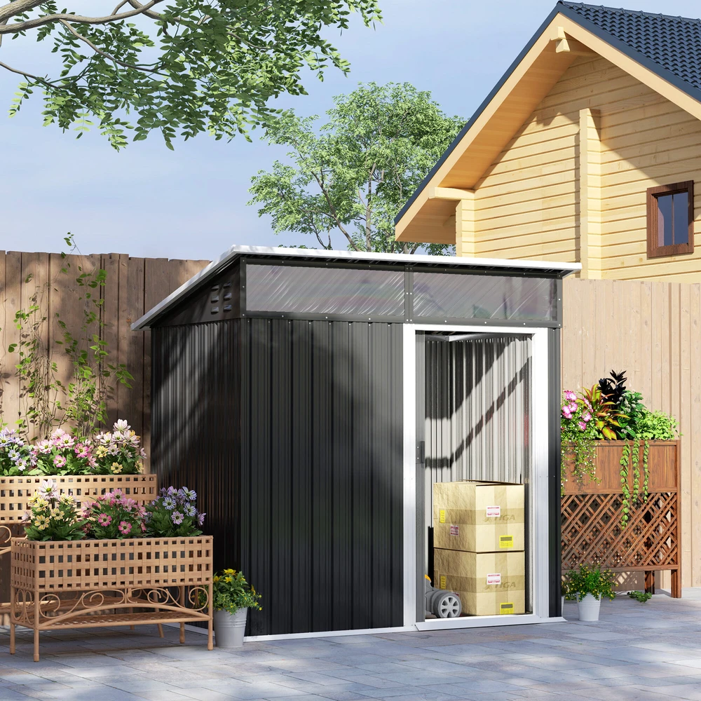 Outsunny metalinis sodo namelis 1,9m² 195x122x182cm, įrankių pašiūrė su pamatu, šlaitinis stogas, langai, stumdomos durys, tamsiai pilkas