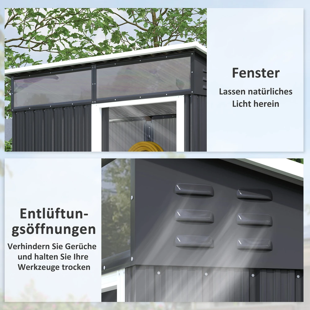 Outsunny metalinis sodo namelis 1,9m² 195x122x182cm, įrankių pašiūrė su pamatu, šlaitinis stogas, langai, stumdomos durys, tamsiai pilkas