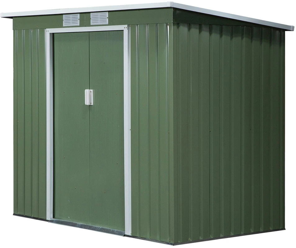 Outsunny sodo namelis 2,42 m², metalinis įrankių sandėliukas su ventiliacijos langais, stumdomomis durimis, pagrindu, 213 x 130 x 159/172 cm, cinkuotas plienas, atsparus oro sąlygoms, žalias