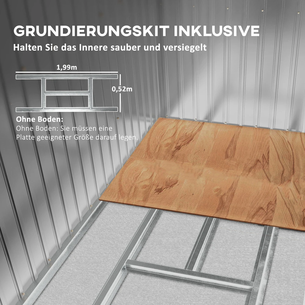 Outsunny sodo namelis 2,42 m², metalinis įrankių sandėliukas su ventiliacijos langais, stumdomomis durimis, pagrindu, 213 x 130 x 159/172 cm, cinkuotas plienas, atsparus oro sąlygoms, žalias