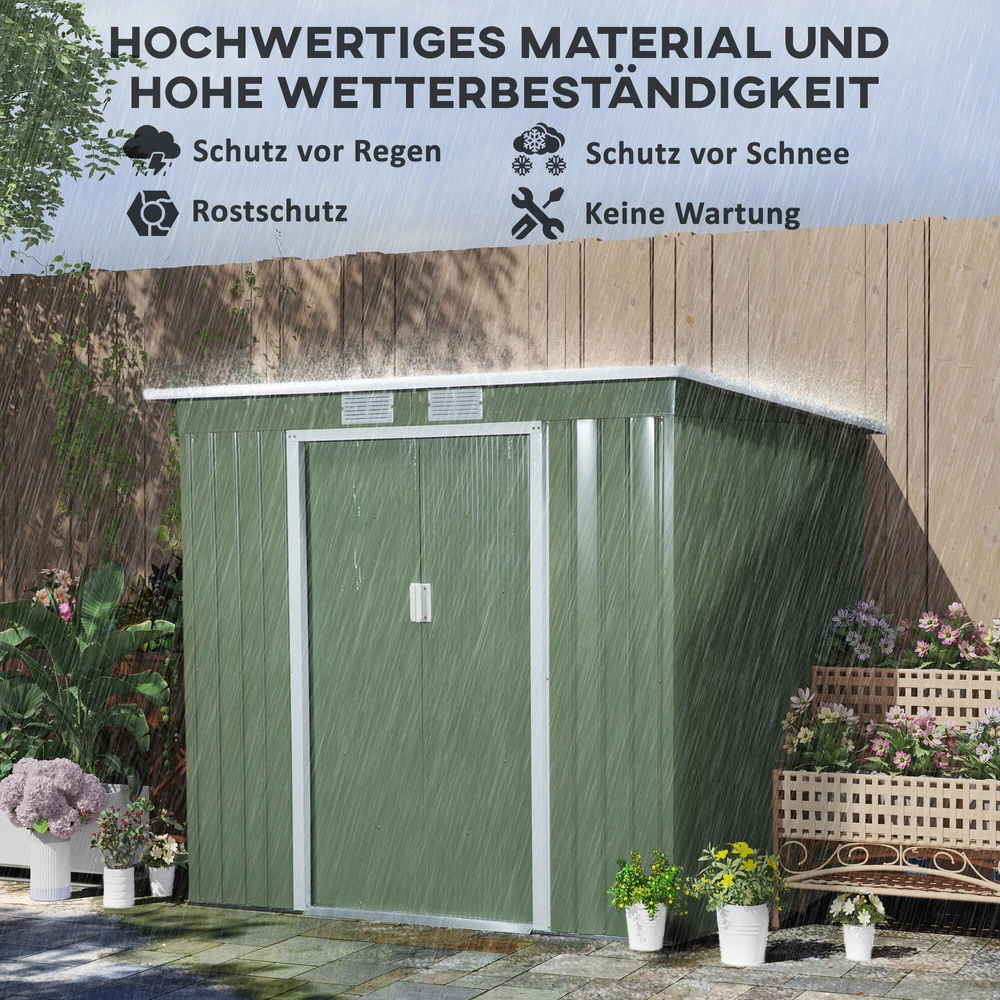 Outsunny sodo namelis 2,42 m², metalinis įrankių sandėliukas su ventiliacijos langais, stumdomomis durimis, pagrindu, 213 x 130 x 159/172 cm, cinkuotas plienas, atsparus oro sąlygoms, žalias