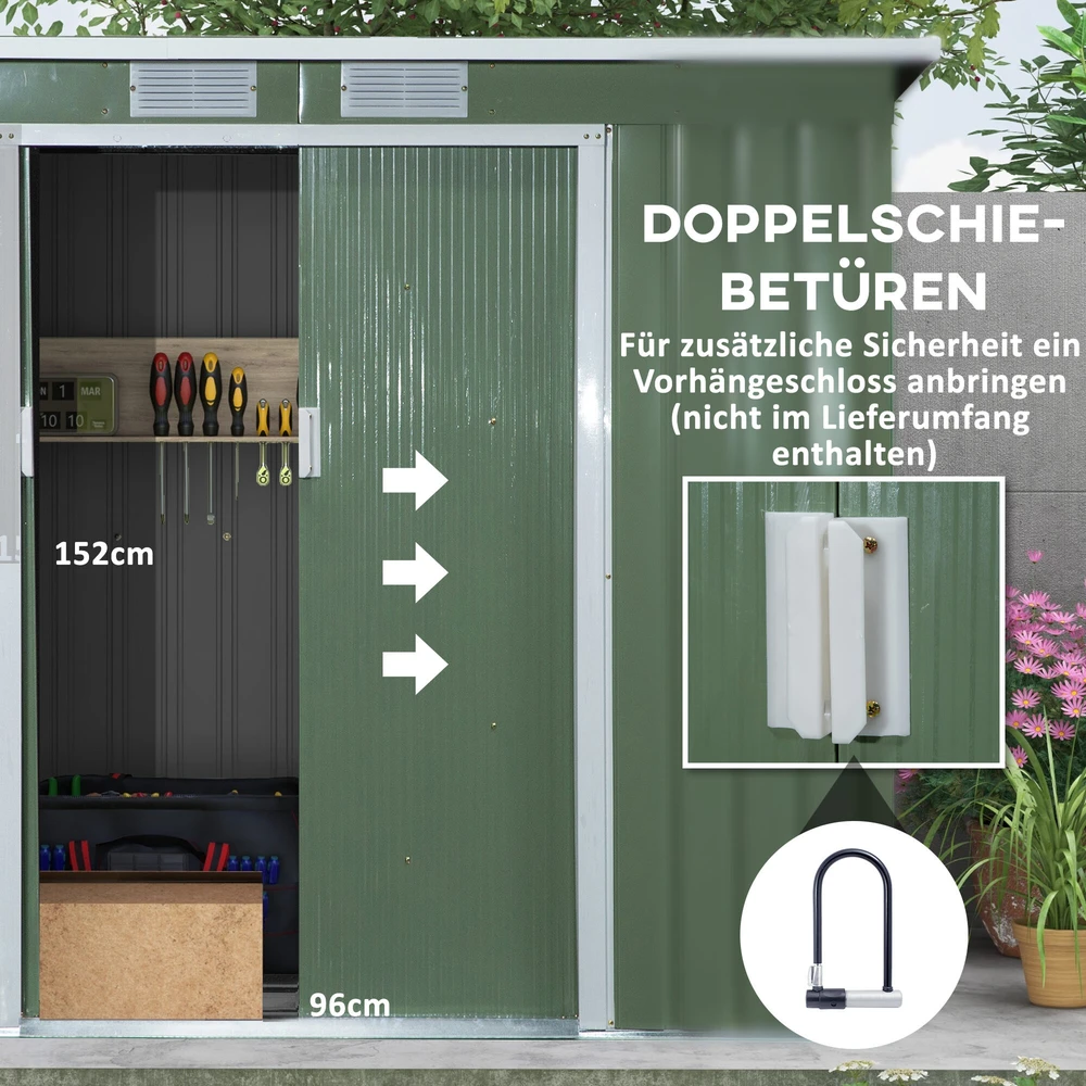 Outsunny sodo namelis 2,42 m², metalinis įrankių sandėliukas su ventiliacijos langais, stumdomomis durimis, pagrindu, 213 x 130 x 159/172 cm, cinkuotas plienas, atsparus oro sąlygoms, žalias