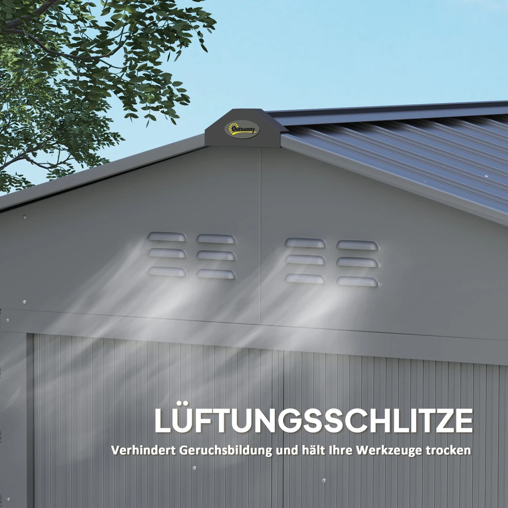 Outsunny cinkuoto plieno sodo namelis 2,43 m², 213x131x192 cm, su dvišlaičiu stogu, rakinamomis stumdomomis durimis, atsparus oro sąlygoms, pilkas