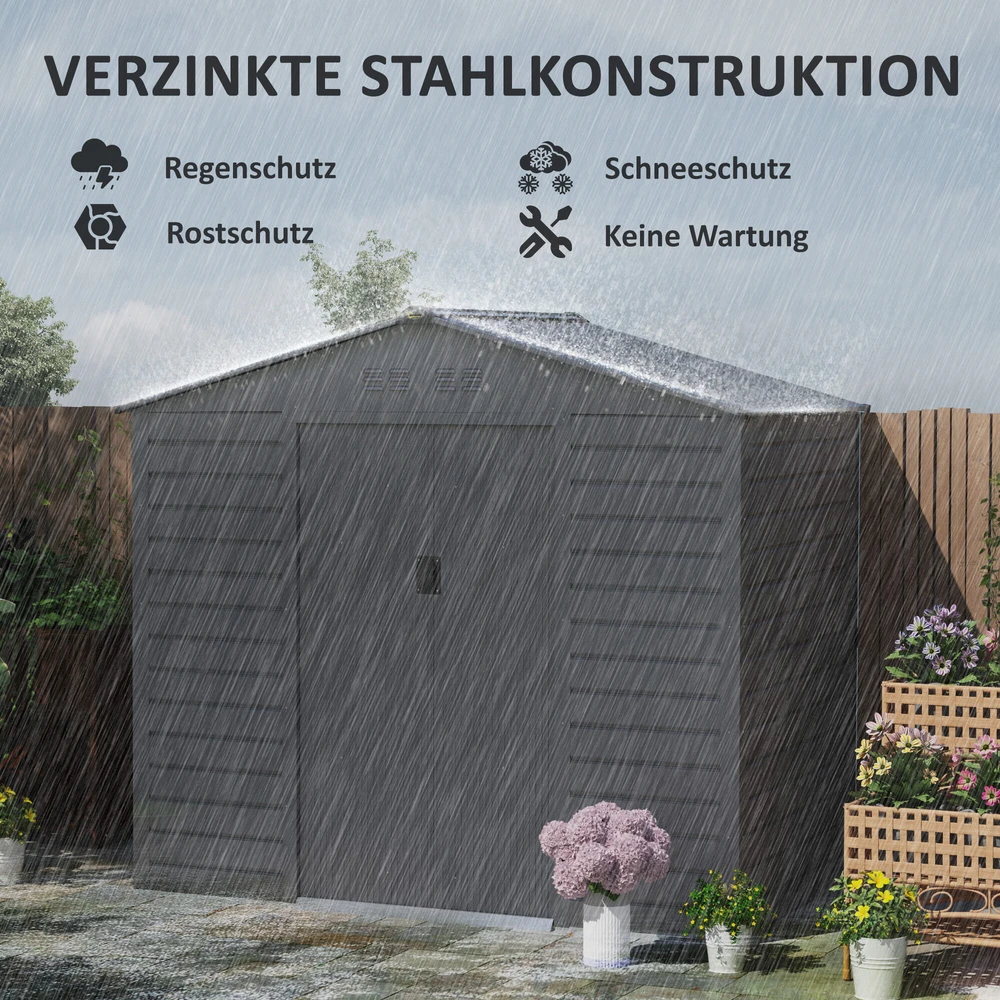 Outsunny cinkuoto plieno sodo namelis 2,43 m², 213x131x192 cm, su dvišlaičiu stogu, rakinamomis stumdomomis durimis, atsparus oro sąlygoms, pilkas