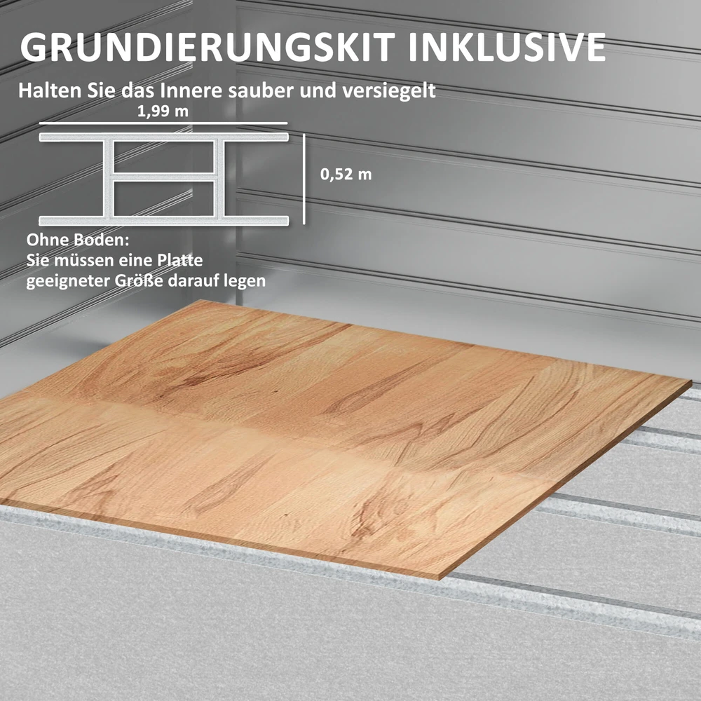 Outsunny cinkuoto plieno sodo namelis 2,43 m², 213x131x192 cm, su dvišlaičiu stogu, rakinamomis stumdomomis durimis, atsparus oro sąlygoms, pilkas