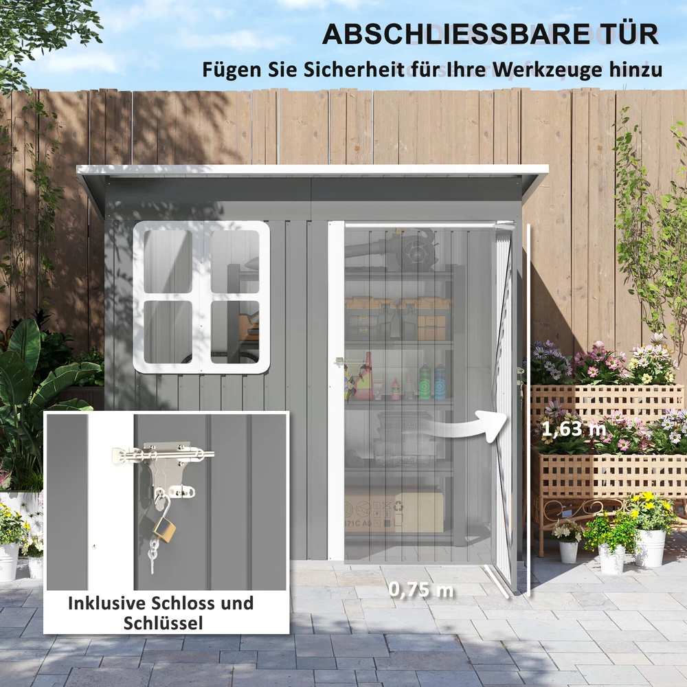 Outsunny sodo namelis 2,55 m², sodo sandėliukas su vienšlaičiu stogu, 221 x 133 x 190/173 cm, rakinamas įrankių namelis su langu, plieno sandėliukas dviračiams, tamsiai pilkas