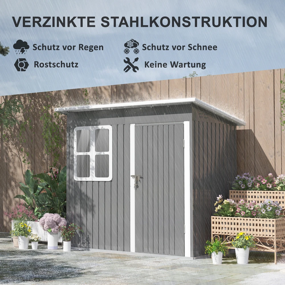 Outsunny sodo namelis 2,55 m², sodo sandėliukas su vienšlaičiu stogu, 221 x 133 x 190/173 cm, rakinamas įrankių namelis su langu, plieno sandėliukas dviračiams, tamsiai pilkas