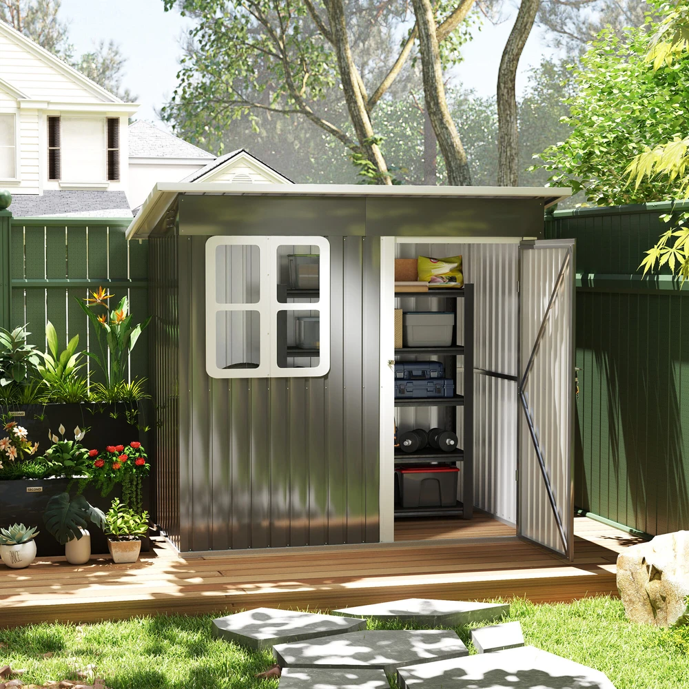 Outsunny sodo namelis 2,55 m², sodo sandėliukas su vienšlaičiu stogu, 221 x 133 x 190/173 cm, rakinamas įrankių namelis su langu, plieno sandėliukas dviračiams, tamsiai pilkas