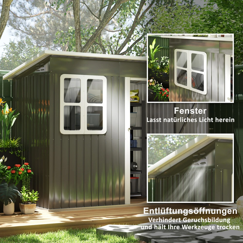 Outsunny sodo namelis 2,55 m², sodo sandėliukas su vienšlaičiu stogu, 221 x 133 x 190/173 cm, rakinamas įrankių namelis su langu, plieno sandėliukas dviračiams, tamsiai pilkas