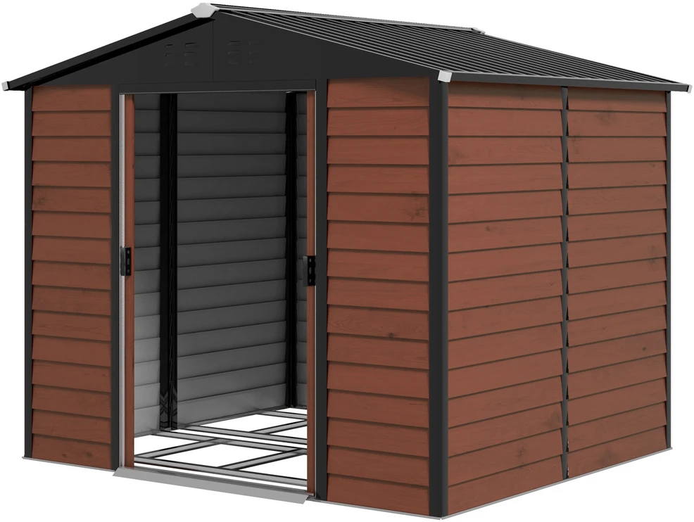Outsunny sodo namelis 4,4 m², įrankių namelis su vienšlaičiu stogu, stumdomos durys, pamatas, 240 x 206 x 198 cm, įrankių pašiūrė iš cinkuoto plieno, atsparus oro sąlygoms, sodui, tikmedžio spalva