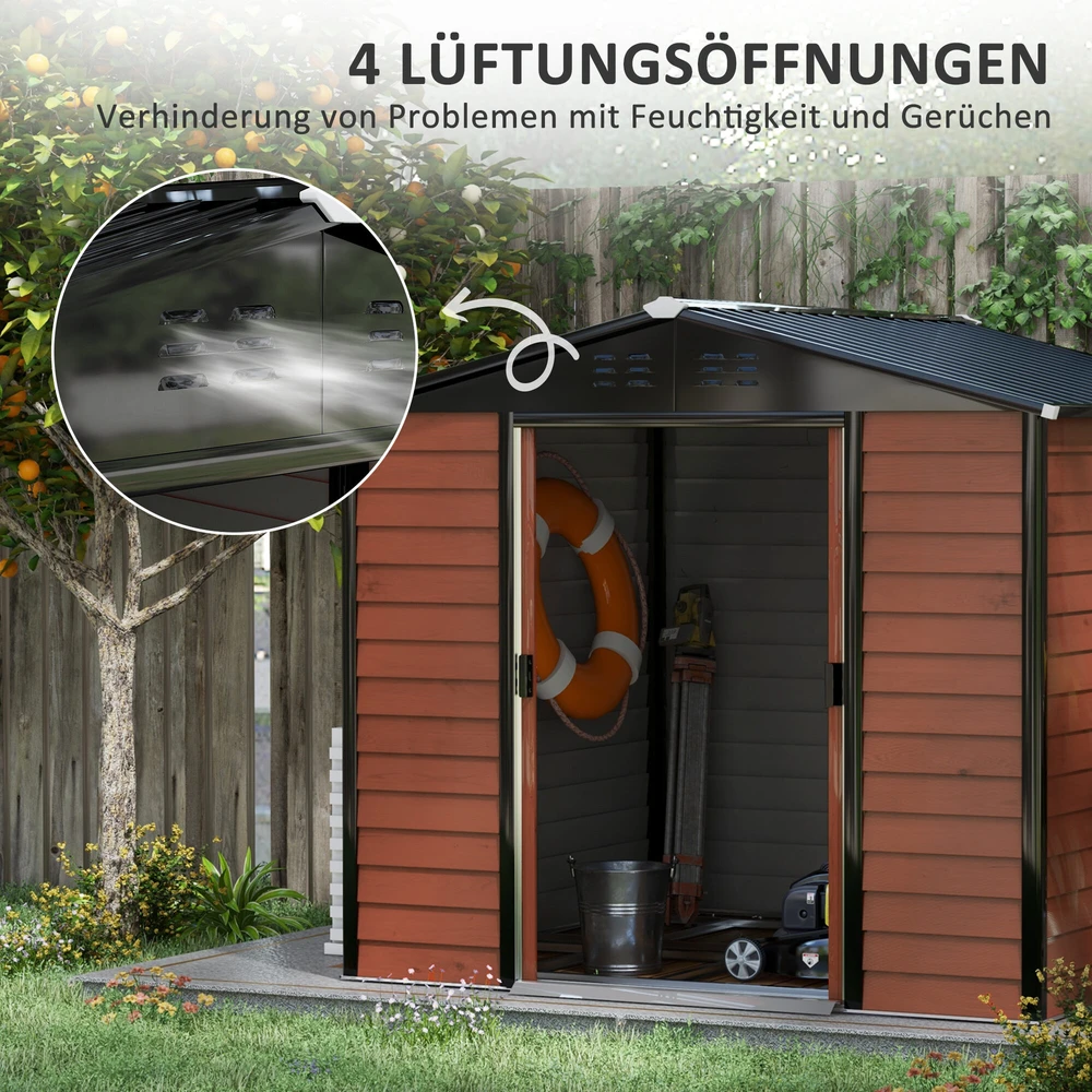Outsunny sodo namelis 4,4 m², įrankių namelis su vienšlaičiu stogu, stumdomos durys, pamatas, 240 x 206 x 198 cm, įrankių pašiūrė iš cinkuoto plieno, atsparus oro sąlygoms, sodui, tikmedžio spalva