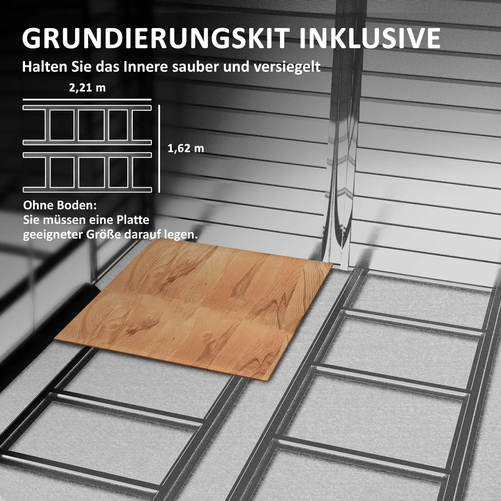 Outsunny sodo namelis 4,4 m², įrankių namelis su vienšlaičiu stogu, stumdomos durys, pamatas, 240 x 206 x 198 cm, įrankių pašiūrė iš cinkuoto plieno, atsparus oro sąlygoms, sodui, tikmedžio spalva