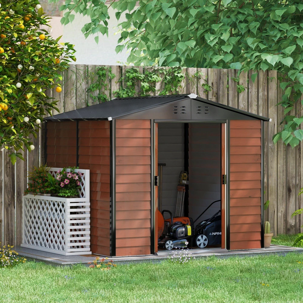Outsunny sodo namelis 4,4 m², įrankių namelis su vienšlaičiu stogu, stumdomos durys, pamatas, 240 x 206 x 198 cm, įrankių pašiūrė iš cinkuoto plieno, atsparus oro sąlygoms, sodui, tikmedžio spalva