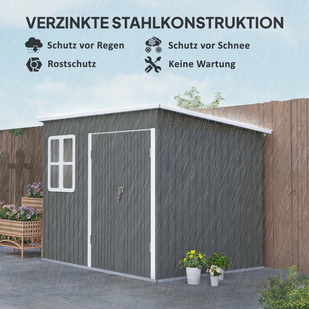 Outsunny sodo namelis 4,13 m³, įrankių namelis, 260 x 177 x 190 cm, sandėliukas su langu, rakinamomis durimis, garažas dviračiams, plieninė spinta sodui, kiemui, tamsiai pilka
