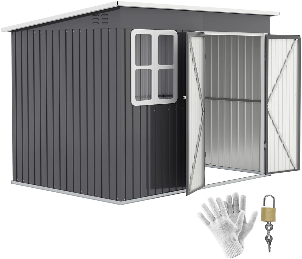 Outsunny sodo namelis 4,13 m³, įrankių namelis, 260 x 177 x 190 cm, sandėliukas su langu, rakinamomis durimis, garažas dviračiams, plieninė spinta sodui, kiemui, tamsiai pilka